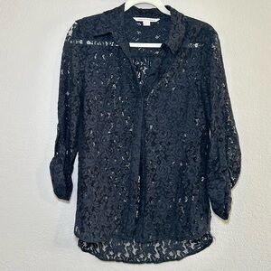 Diane Von Furstenberg Navy Blue Lace Blouse button down women’s 6 career office